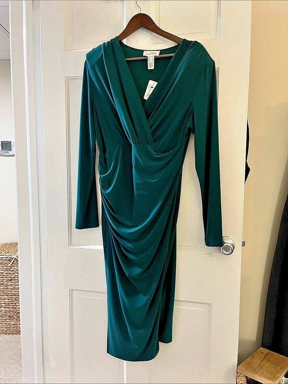 Joseph Ribkoff Knee Length Wrap Ruched V-neck Dress Style 244024 Draped Green